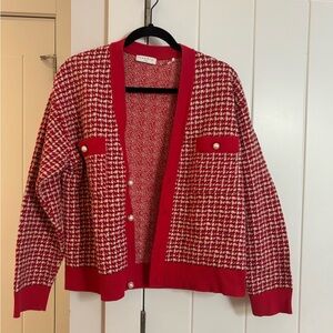 Sandro Red Houndstooth Knit Cardigan
